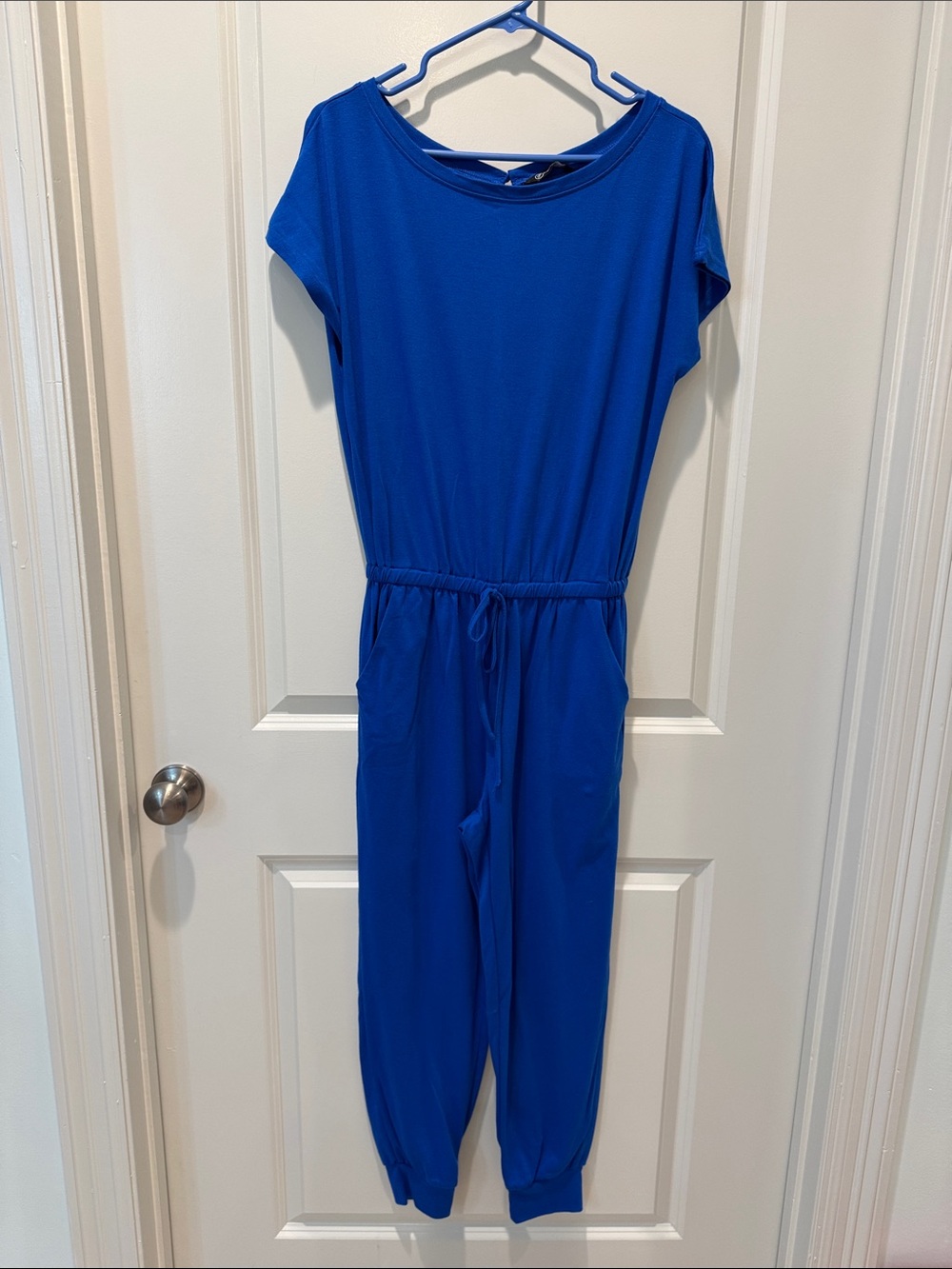 Royal Blue Short-Sleeve Jumpsuit with Drawstring Waist